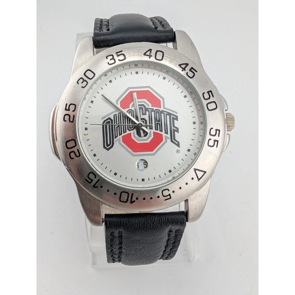 Ohio State Buckeyes Sun Time Men's Watch Black Leather Band- New Battery